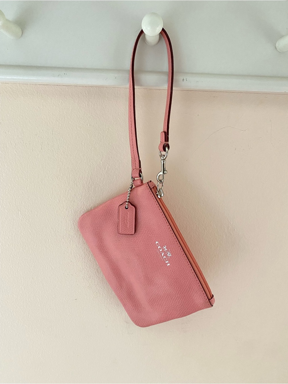 Coach Rose Pink Pebbled Leather Wristlet with Silver Hardware